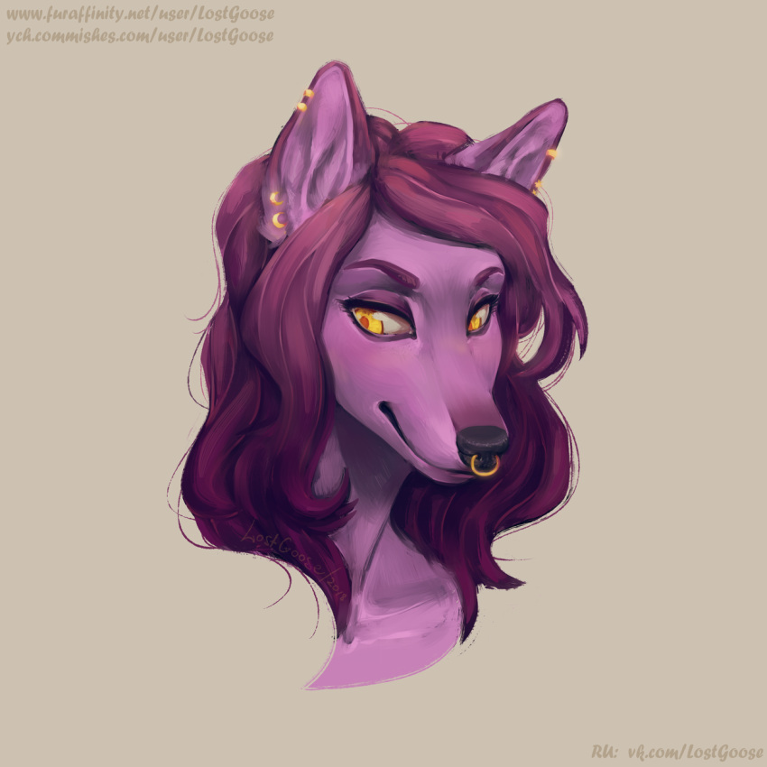 anthro black_nose bust_portrait canid ear_piercing ear_ring facial_piercing female fur gold_piercing gold_ring_piercing grimm_(dog-witch) hair headshot_portrait hi_res looking_aside lostgoose mammal mouth_closed nose_piercing nose_ring piercing pink_body pink_fur pink_inner_ear portrait purple_body purple_ears purple_fur purple_hair ring_piercing septum_piercing septum_ring simple_background smile solo text url wavy_hair yellow_eyes