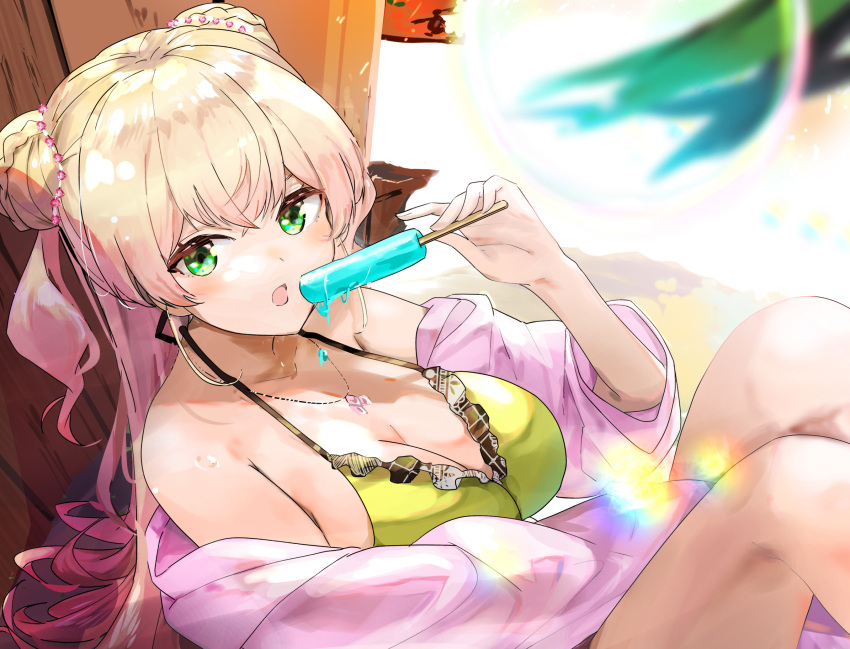 1girl bare_shoulders beach_chair bikini blonde_hair breasts cleavage double_bun food food_on_body frilled_bikini frills from_above funi_mu9 gradient_hair green_eyes hair_bun halter_top halterneck highres hololive jewelry large_breasts lens_flare long_hair looking_at_viewer lying melting momosuzu_nene multicolored_hair necklace on_back open_clothes open_mouth open_shirt pink_hair popsicle swimsuit two_side_up virtual_youtuber