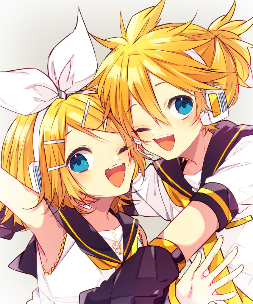 1boy 1girl ;d arm_up bangs blonde_hair blue_eyes blush bow detached_sleeves hair_bow hair_ornament hairclip headphones headset highres hug kagamine_len kagamine_rin kaho_0102 neckerchief necktie one_eye_closed open_mouth parted_bangs ponytail sailor_collar shirt short_hair short_sleeves sleeveless sleeveless_shirt smile vocaloid