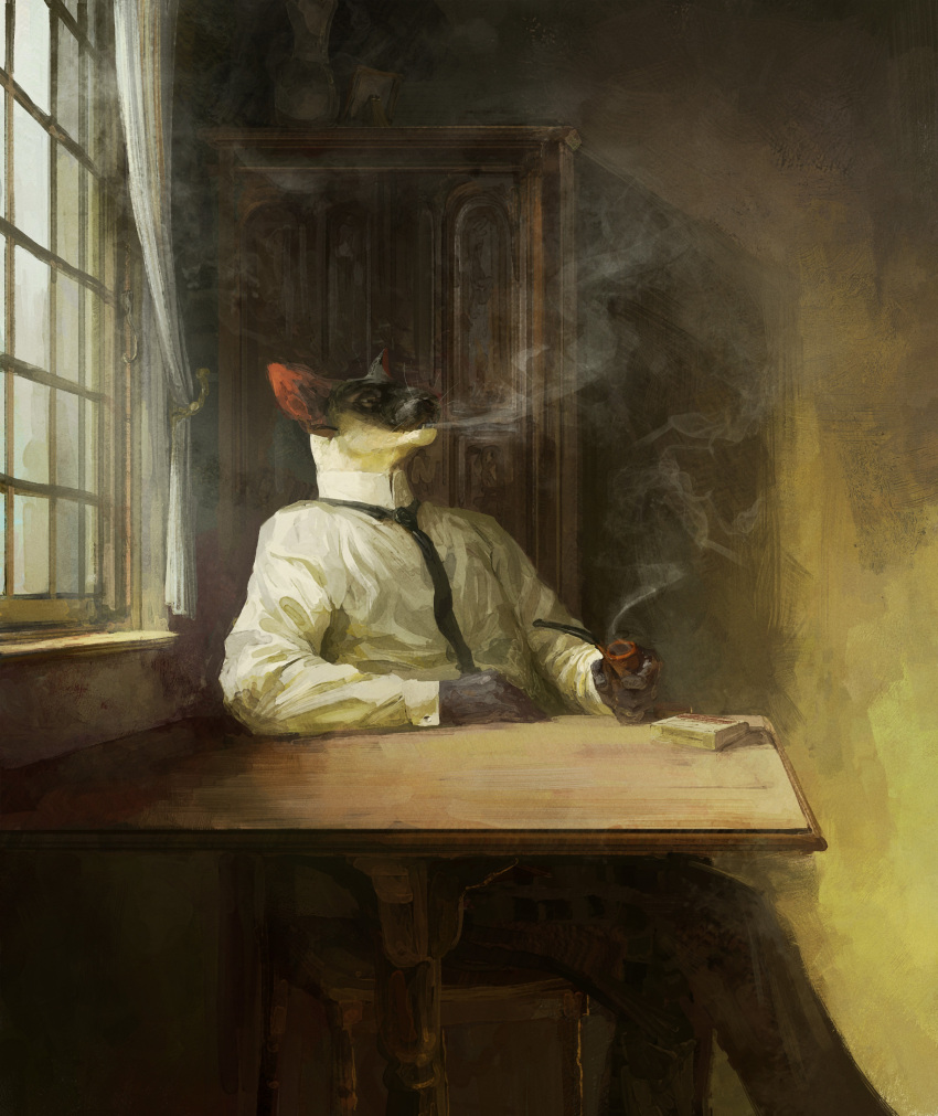 absurd_res anthro bottomwear chair clothed clothing curtains detailed detailed_background domestic_cat felid feline felis furniture hi_res holding_object karras_lafontaine male mammal necktie pipe siamese smoke smoke_from_mouth smoking smoking_pipe solo table teeth topwear whaleoil1 window