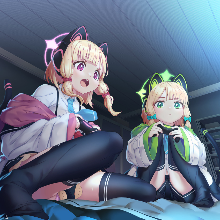 2girls absurdres animal_ear_headphones animal_ears black_shorts black_skirt black_thighhighs blonde_hair blue_archive blue_necktie cat_ear_headphones cat_ears cat_tail coat controller fake_animal_ears fake_tail game_controller green_eyes halo headphones highres indoors knees_up legs midori_(blue_archive) momoi_(blue_archive) multiple_girls necktie off_shoulder open_mouth panties panty_peek pantyshot pink_eyes pink_panties playing_games ribbon shirt short_hair shorts siblings sisters sitting skirt spread_legs tail tarte thighhighs thighs twins underwear upskirt white_coat white_shirt