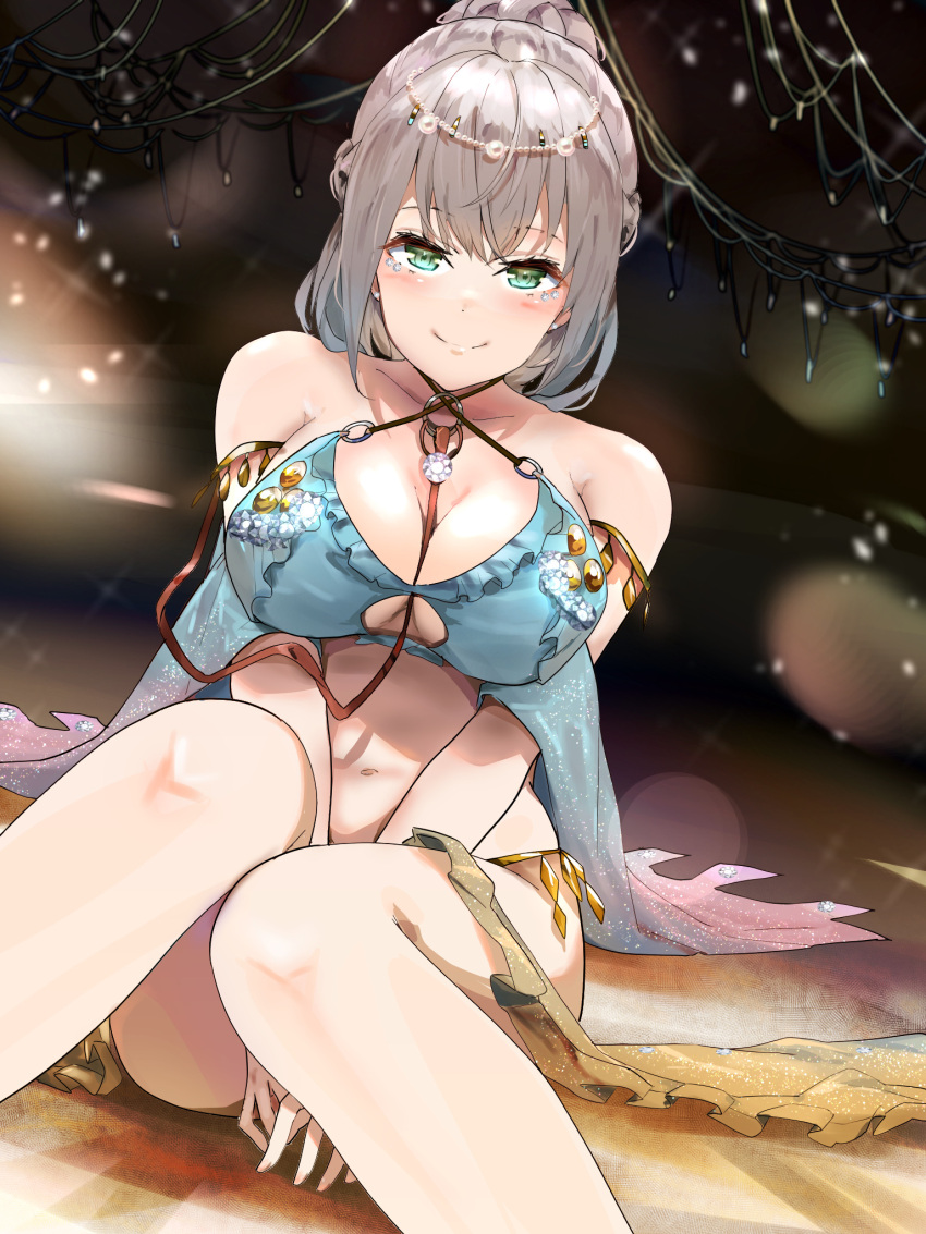 1girl alternate_costume bare_shoulders bikini blush breast_squeeze breasts cleavage closed_mouth collarbone criss-cross_halter forehead_jewel frilled_bikini frills funi_mu9 gem_(symbol) green_eyes grey_hair halterneck highres hololive large_breasts looking_at_viewer navel o-ring ponytail shirogane_noel sitting smile solo swimsuit tiara v_arms virtual_youtuber