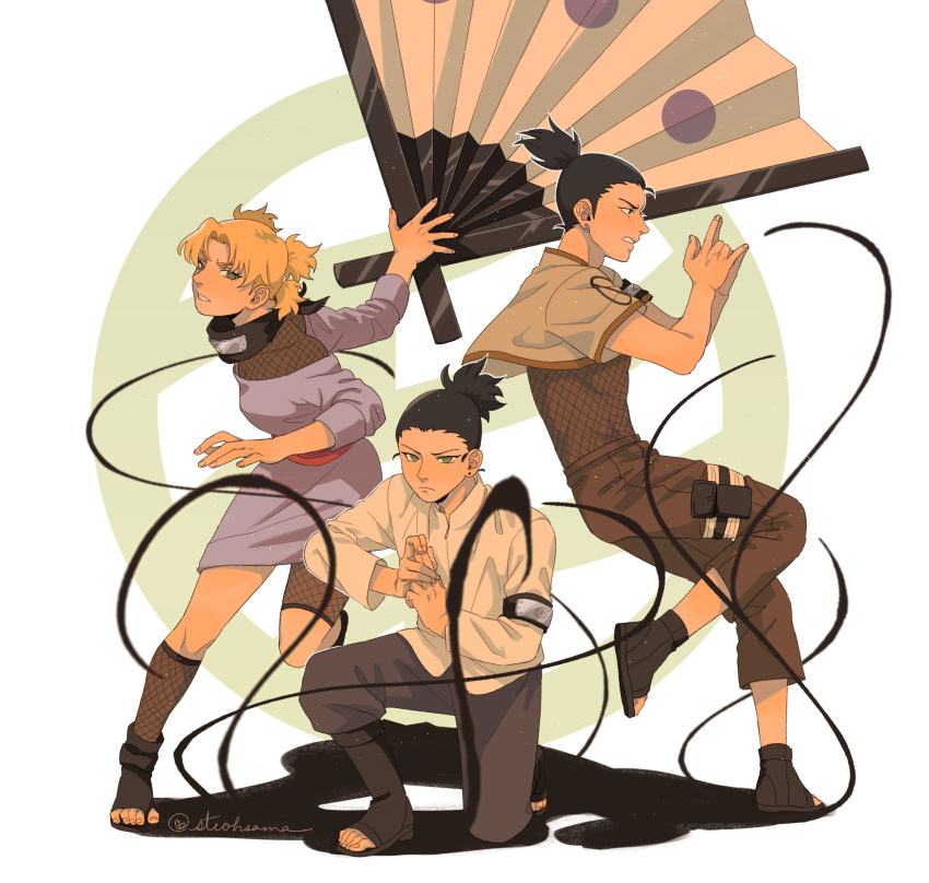 1girl 2boys absurdres black_hair blonde_hair character_request commentary family fantasy father_and_son folded_fan folding_fan forehead_protector full_body hand_fan highres husband_and_wife isahnas looking_at_viewer mother_and_son multiple_boys nara_shikadai nara_shikamaru naruto_(series) naruto_shippuuden ninja ponytail shadow short_hair simple_background squatting standing standing_on_one_leg white_background