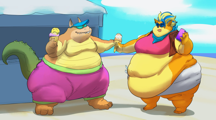 activision anthro barefoot beach belly breasts crash_bandicoot_(series) dessert dingodile duo exponentialmass eyewear feet female food hi_res ice_cream male male/female obese obese_anthro overweight overweight_anthro pirate_tawna seaside summer sunglasses video_games