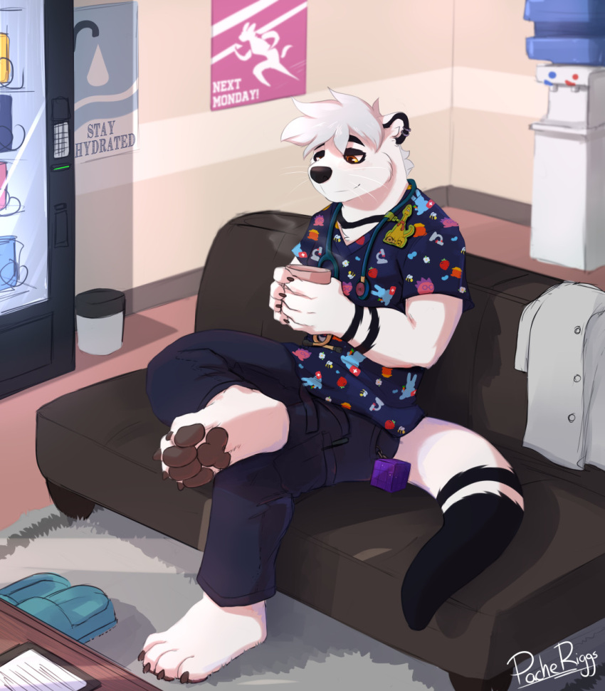 anthro beverage bottomwear clothing container cup furniture hi_res lutrine male mammal medical_instrument mustelid pache_riggs pants pawpads plantigrade scientific_instrument shirt sitting sofa solo stethoscope thick_tail topwear vending_machine water_cooler