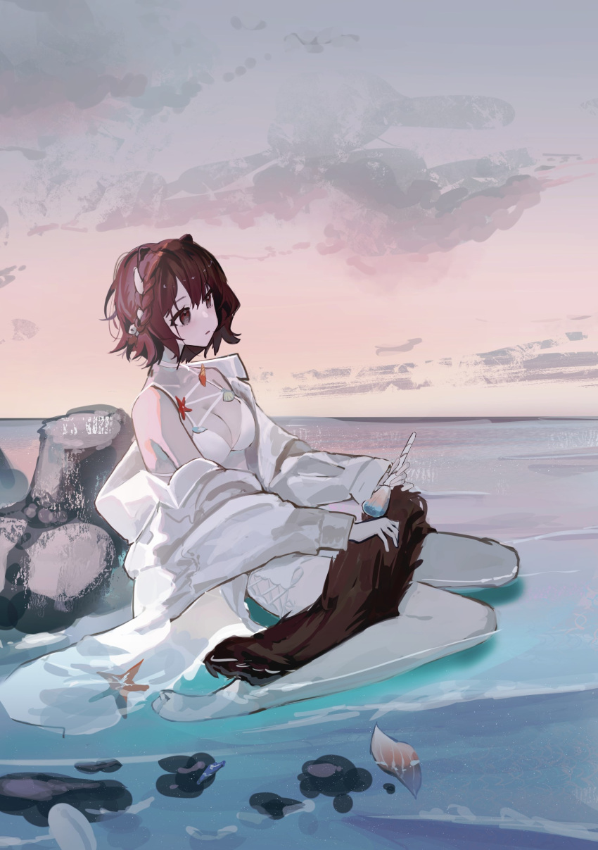 1girl absurdres animal_ears arknights bikini braid breasts brown_eyes brown_hair choker cloud coat coat_partially_removed collarbone highres horizon in_water jacket jacket_over_swimsuit looking_away makeup_brush medium_breasts natsuba002 ocean official_alternate_costume on_ground otter_ears otter_tail pantyhose partially_immersed roberta_(arknights) roberta_(summer_flowers)_(arknights) rock seashell shell sitting sky solo starfish sunset swimsuit tail tetrapod wariza waves white_bikini white_choker white_coat white_pantyhose