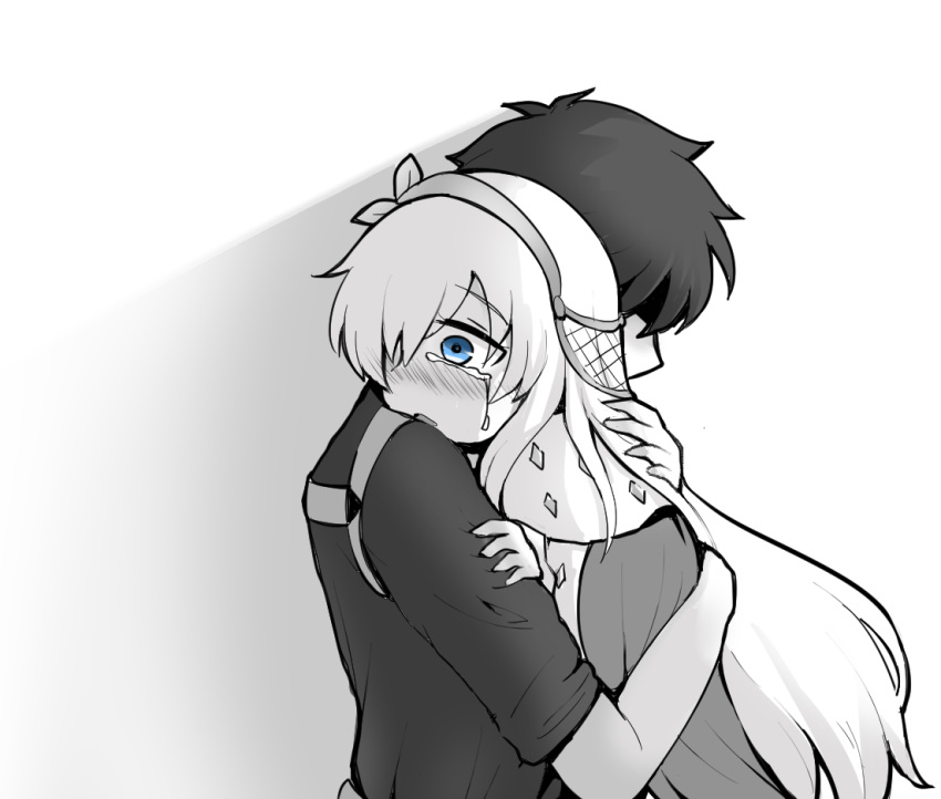 1boy 1girl anastasia_(fate) bangs black_hair blue_eyes fate/grand_order fate_(series) fujimaru_ritsuka_(male) greyscale hair_over_one_eye hug long_hair monochrome short_hair simple_background srwbobobi tearing_up tears white_background white_hair