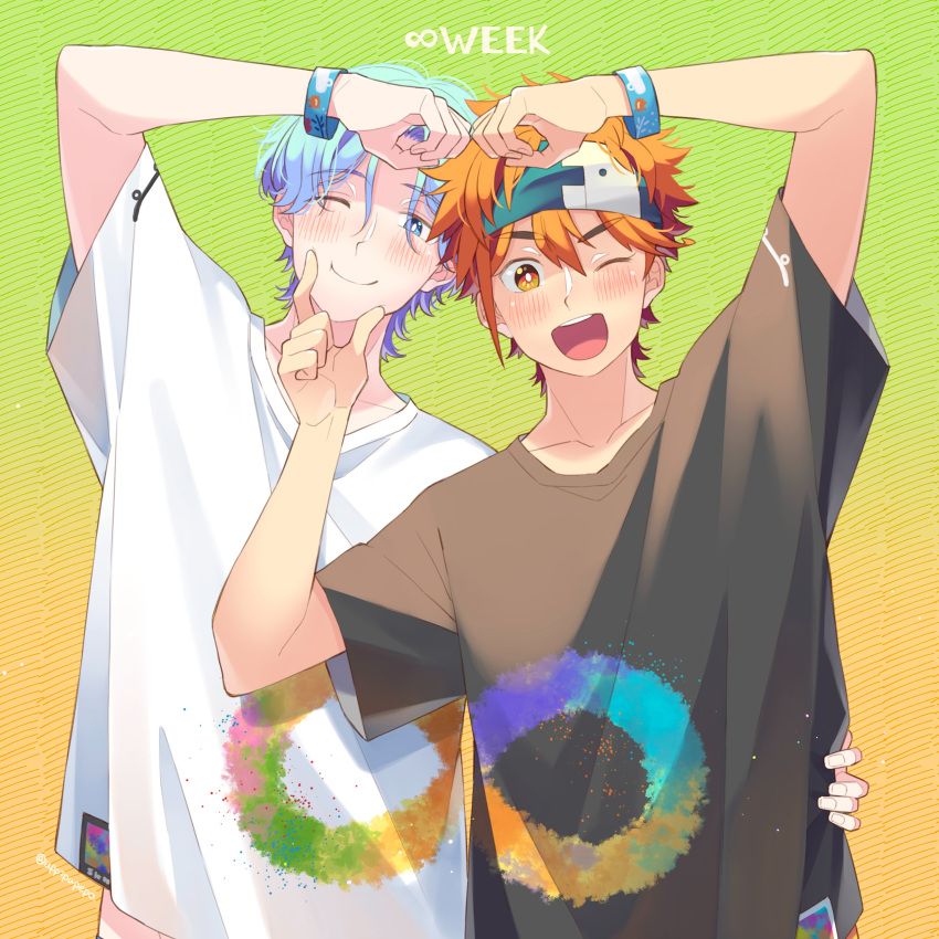 2boys absurdres black_shirt blue_eyes blue_hair hasegawa_langa headband highres kyan_reki male_focus messy_hair multiple_boys one_eye_closed open_mouth orange_eyes orange_hair shirt short_hair sk8_the_infinity stomach t-shirt uppi white_shirt