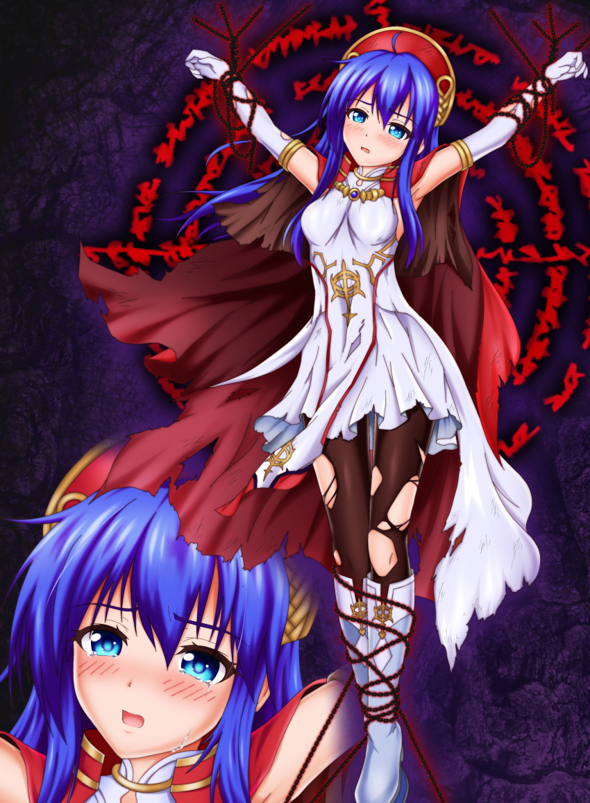 1girl absurdres armpits arms_up bangs black_pantyhose blue_eyes blue_hair blush boots breasts cape chain chained_wrists collared_dress commentary_request crying crying_with_eyes_open dress elbow_gloves facing_viewer fire_emblem fire_emblem:_the_binding_blade fire_emblem_heroes full_body gloves glowing gobby_ekaki hair_between_eyes hat high_collar highres knee_boots lilina_(fire_emblem) long_hair medium_breasts multiple_views official_alternate_costume open_mouth pantyhose portrait purple_background red_cape red_headwear restrained ryona sleeveless sleeveless_dress tears torn_cape torn_clothes torn_gloves torn_pantyhose white_dress white_footwear white_gloves