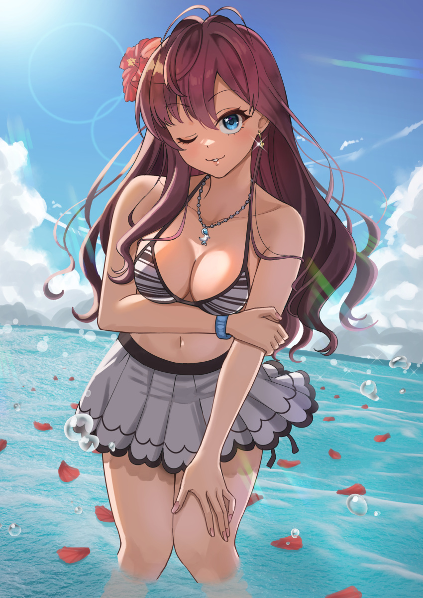 1girl absurdres antenna_hair arm_under_breasts bare_shoulders beach bikini blue_eyes breasts cleavage collarbone feet_out_of_frame highres ichinose_shiki idolmaster idolmaster_cinderella_girls jewelry kamoromance614 lens_flare long_hair looking_at_viewer medium_breasts navel necklace ocean one_eye_closed purple_hair skirt sky smile solo swimsuit
