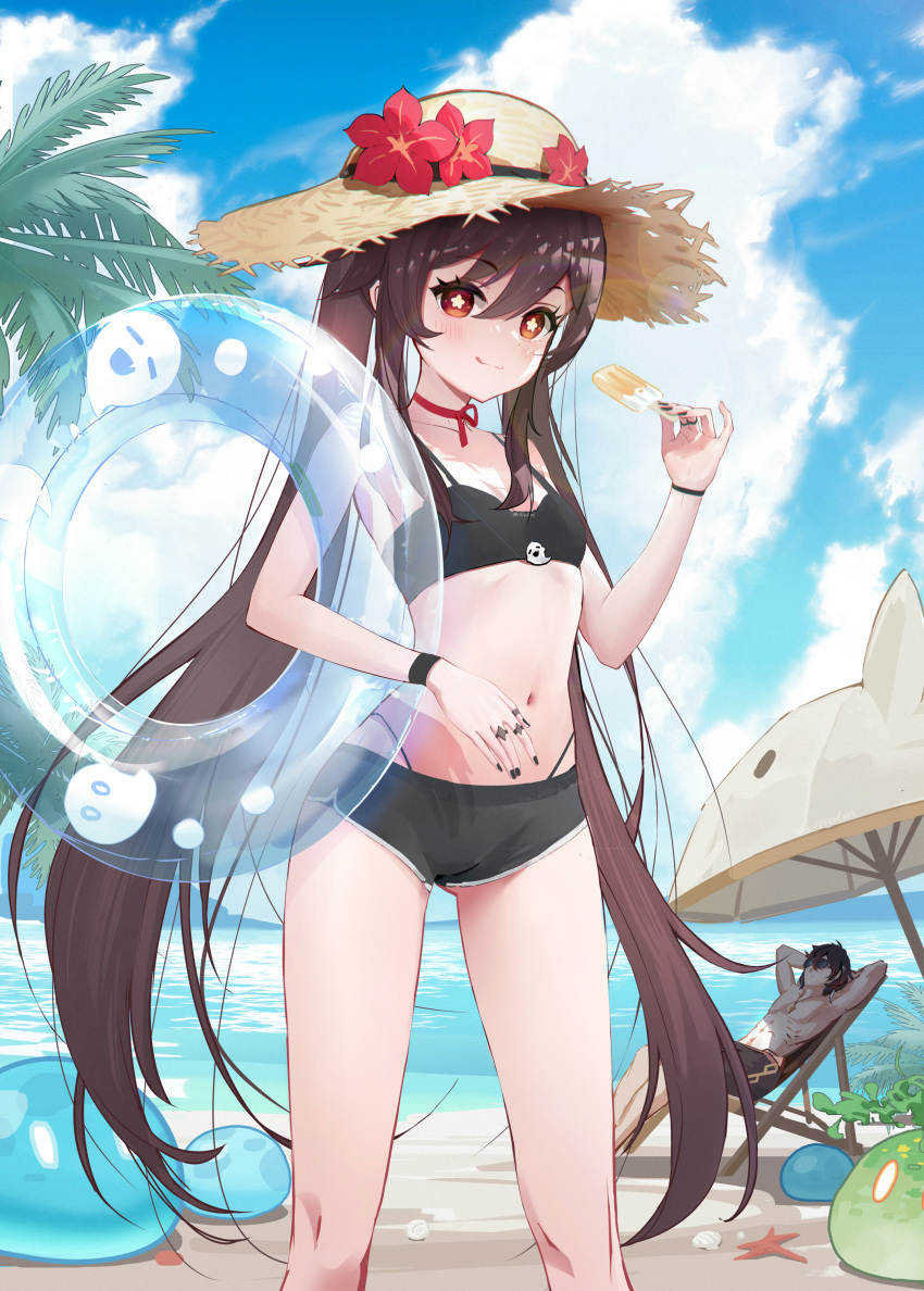1boy 1girl absurdres bangs bare_legs beach black_hair black_nails blush breasts brown_hair chair cloud cloudy_sky day feet_out_of_frame flower flower-shaped_pupils food genshin_impact gradient_hair hair_between_eyes hat highres hu_tao_(genshin_impact) ice_cream jewelry long_hair looking_at_viewer malon_(chuan2700) multicolored_hair multiple_rings navel ocean outdoors ponytail red_eyes ring sand shadow sidelocks sitting sky slime_(genshin_impact) small_breasts smile standing starfish straw_hat summer sunglasses swimsuit symbol-shaped_pupils thighs toned toned_male topless_male tree twintails umbrella very_long_hair zhongli_(genshin_impact)