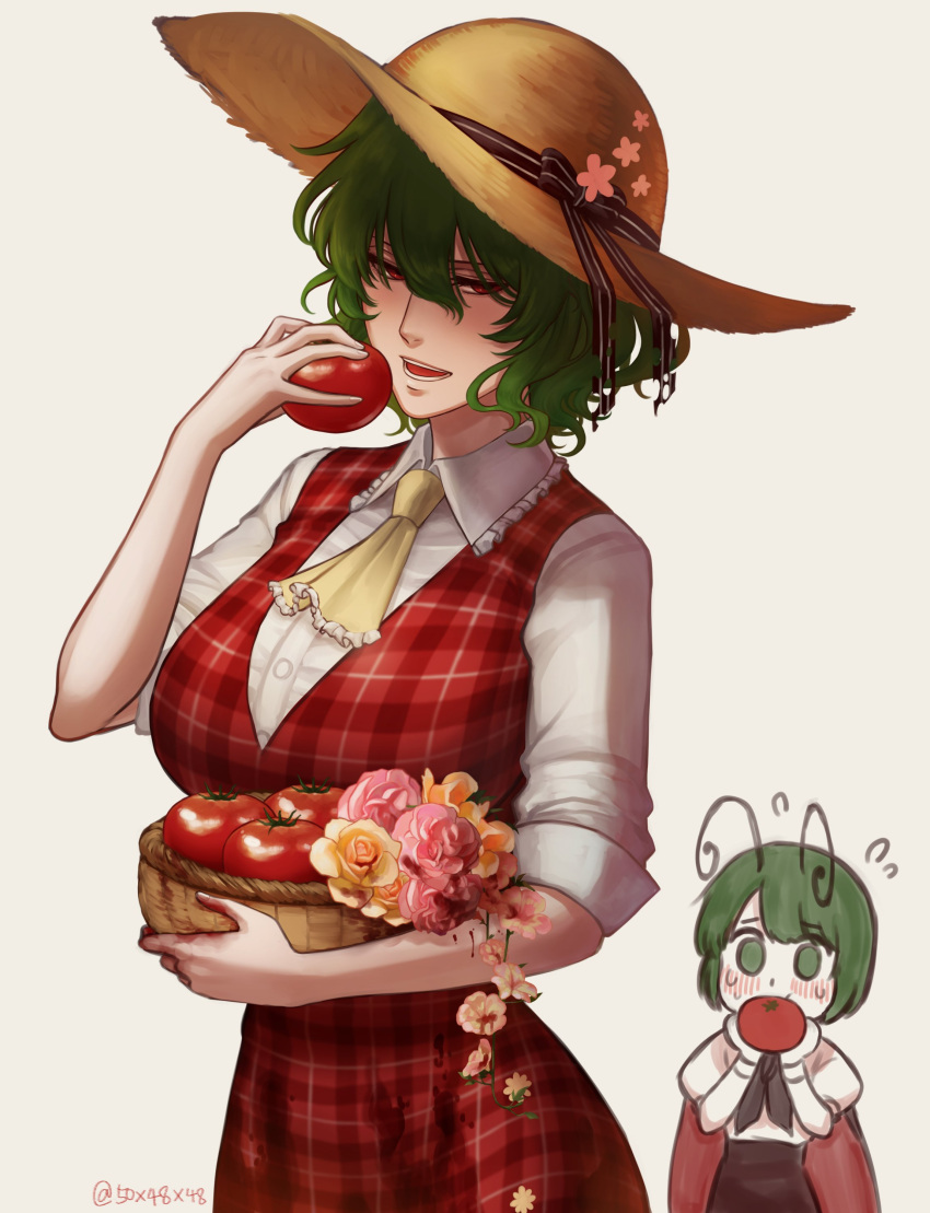 2girls 50x48x48 absurdres ascot black_cape bow cape collared_shirt eating flower green_eyes green_hair hat hat_bow highres kazami_yuuka long_skirt long_sleeves multiple_girls plaid plaid_skirt plaid_vest red_cape red_eyes red_skirt red_vest rose shirt short_hair simple_background skirt skirt_set sleeves_rolled_up stain straw_hat tomato touhou two-sided_cape two-sided_fabric vest wavy_hair white_background white_shirt wriggle_nightbug yellow_ascot