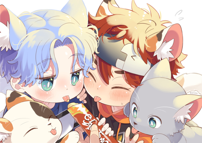 2boys animal_ears blue_hair cat cat_ears chibi closed_eyes eating feeding hasegawa_langa headband highres hood hoodie kyan_reki male_focus multiple_boys red_hair sk8_the_infinity tongue tongue_out uppi younger