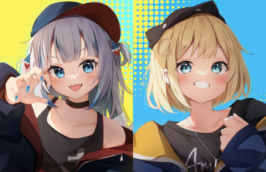 2girls :d bare_shoulders baseball_cap black_choker black_headwear black_jacket black_shirt black_tank_top blonde_hair blue_background blue_eyes blue_hair blue_jacket blush character_name choker claw_pose clothes_writing collarbone commentary_request gawr_gura grey_hair grin hair_ornament halftone halftone_background hand_up hat highres hololive hololive_english jacket long_hair long_sleeves looking_at_viewer multicolored_hair multiple_girls nail_polish off_shoulder open_clothes open_jacket puffy_long_sleeves puffy_sleeves romaji_commentary seboneko sharp_teeth shirt short_hair sleeves_past_wrists smile streaked_hair tank_top teeth tongue tongue_out two-tone_background two_side_up upper_body virtual_youtuber watson_amelia yellow_background