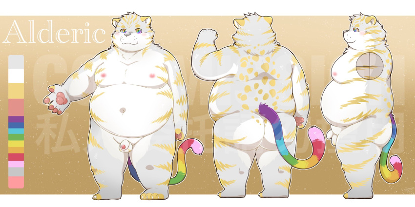 2022 96panda anthro balls belly big_belly butt felid flaccid genitals grey_body hi_res kemono male mammal model_sheet moobs nipples overweight overweight_male penis small_penis solo white_body