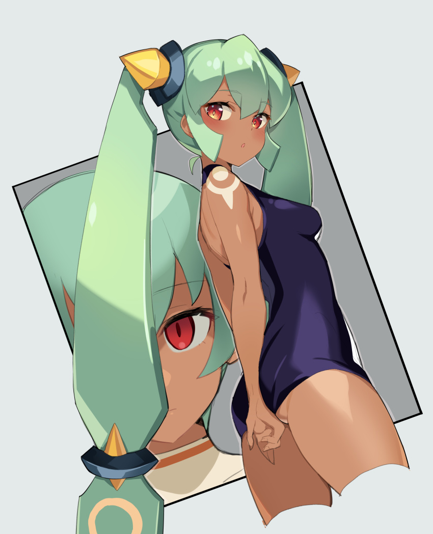 2girls absurdres ass bangs bare_shoulders blush breasts closed_mouth cropped_legs dark-skinned_female dark_skin empty_eyes green_eyes green_hair highres korean_commentary long_hair looking_at_viewer medium_breasts mega_man_(series) mega_man_legends mega_man_legends_2 multiple_girls one-piece_swimsuit parted_lips red_eyes sera_(mega_man) serin199 short_hair swimsuit tattoo twintails yuna_(mega_man)