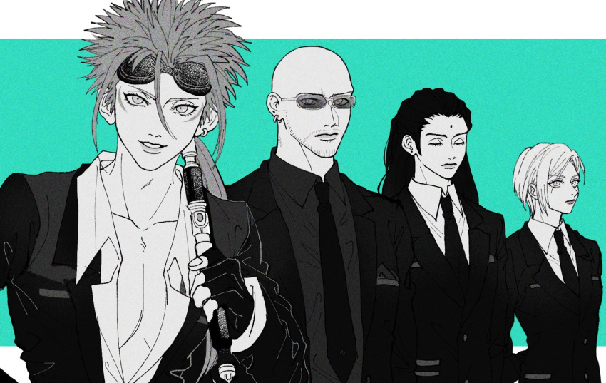 1girl 3boys aqua_background bald baton_(weapon) bindi black_hair black_jacket black_necktie black_shirt breasts closed_eyes collarbone collared_shirt earrings elena_(ff7) facial_hair facial_mark final_fantasy final_fantasy_vii final_fantasy_vii_remake goatee goggles goggles_on_head hair_between_eyes jacket jewelry letterboxed long_hair looking_at_viewer low_ponytail medium_breasts monochrome multiple_boys multiple_earrings necktie neko_1103 open_collar over_shoulder parted_lips pectorals reno_(ff7) rude_(ff7) shirt short_hair_with_long_locks single_earring smile spiked_hair spot_color sunglasses tseng upper_body weapon weapon_over_shoulder white_shirt
