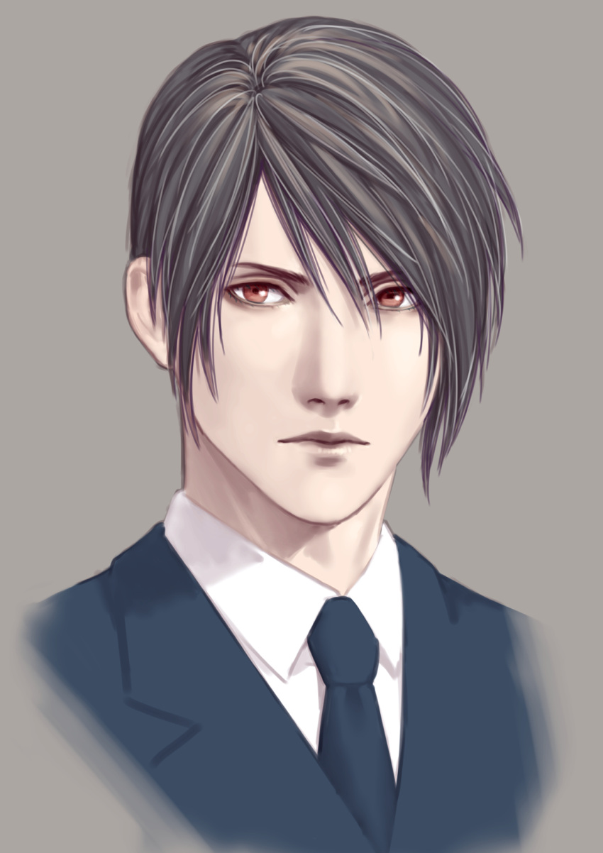 1boy black_hair blue_jacket blue_necktie collared_shirt final_fantasy final_fantasy_vii formal grey_background hair_between_eyes highres jacket looking_at_viewer male_focus necktie official_alternate_costume portrait red_eyes sd_supa shirt short_hair solo suit suit_jacket vincent_valentine white_shirt younger