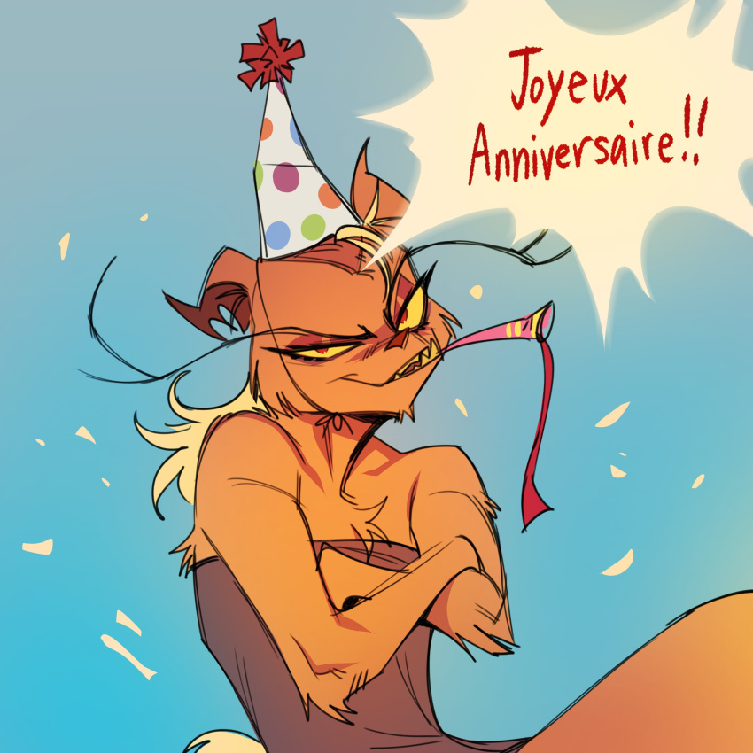 1:1 2022 absurd_res anthro birthday birthday_hat canid canine crossed_arms female french_text fur glacierclear hi_res madeline_gevaudan mammal orange_body orange_fur solo text were werecanid werecanine werewolf yellow_sclera