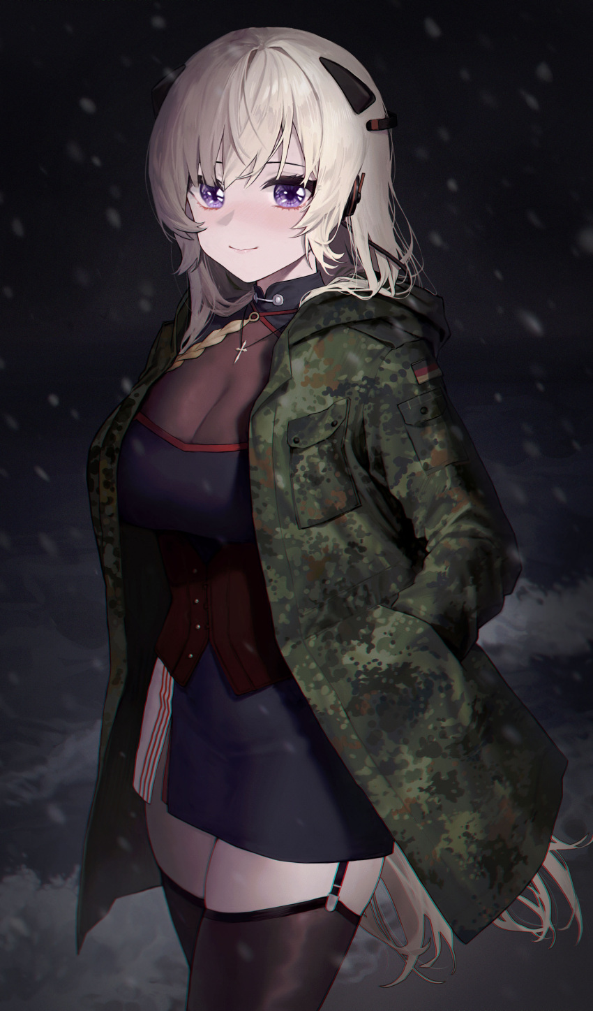 1girl absurdres black_corset black_dress black_thighhighs blonde_hair blush corset cowboy_shot cross cross_necklace dress flecktarn g3_(girls'_frontline) garter_straps german_flag girls'_frontline hairband hands_in_pockets highres jewelry kir_(khw66136132) military_jacket mod3_(girls'_frontline) necklace night purple_eyes snowing solo thighhighs