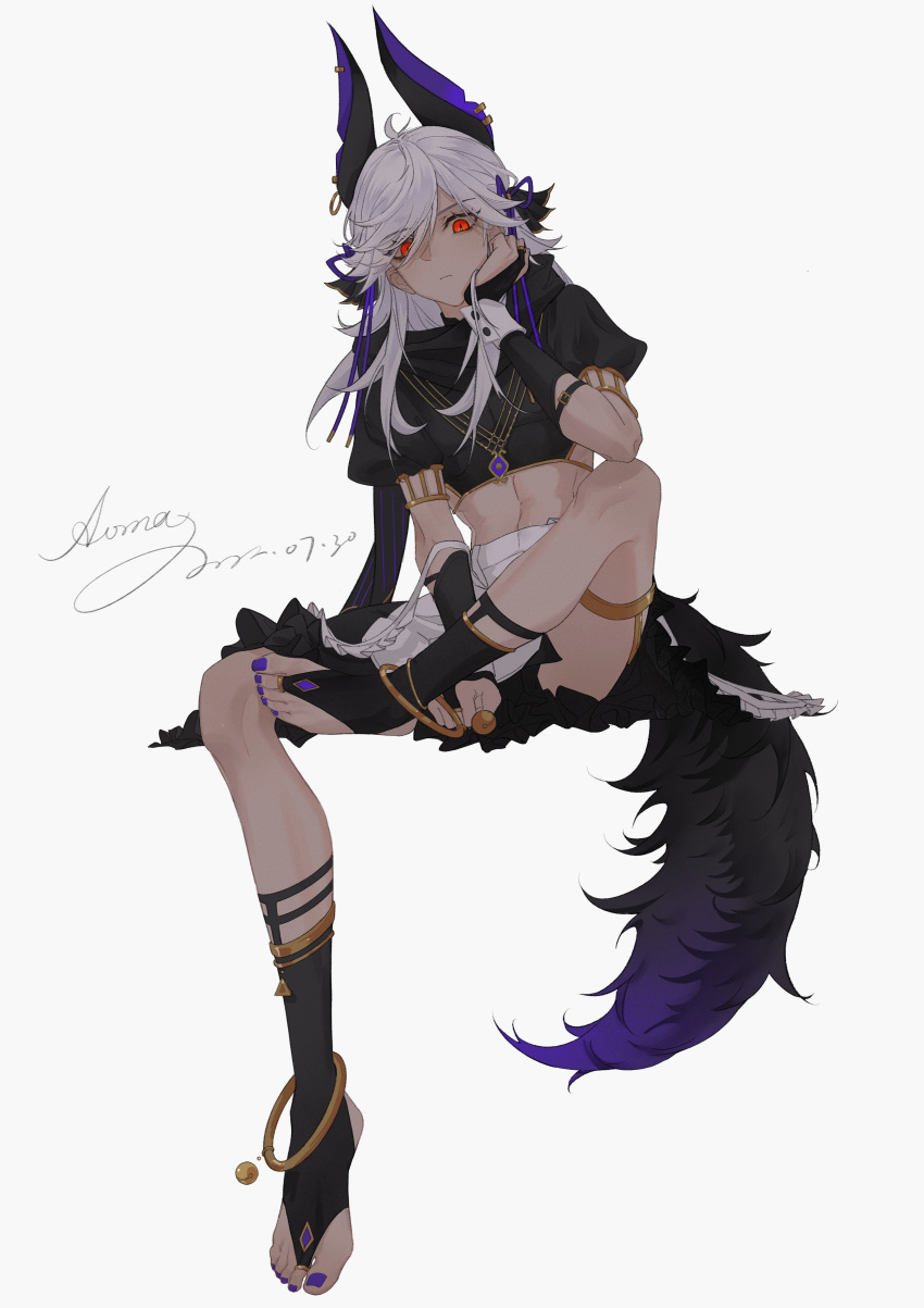 1boy abs absurdres animal_ears aomaxuanzexuexi apron artist_name bangs black_shirt black_skirt black_socks closed_mouth crop_top cropped_shirt cyno_(genshin_impact) dark-skinned_male dark_skin dated earrings eyelashes frilled_skirt frills full_body genshin_impact gold_trim grey_hair hair_over_one_eye hand_up highres invisible_chair jackal_ears jackal_tail jewelry leg_up long_hair looking_at_viewer male_focus midriff nail_polish parted_bangs pleated_skirt puffy_short_sleeves puffy_sleeves purple_nails red_eyes shirt short_sleeves sidelocks signature sitting skirt socks solo stomach swept_bangs tail toeless_legwear toenail_polish toenails toes waist_apron white_apron white_background wrist_cuffs
