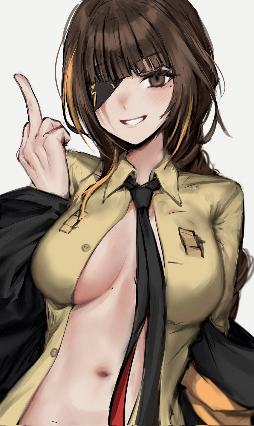 1girl absurdres breasts brown_eyes brown_hair eyepatch girls'_frontline grin highres long_hair looking_at_viewer m16a1_(girls'_frontline) middle_finger multicolored_hair navel necktie orange_hair smile solo two-tone_hair xanax025