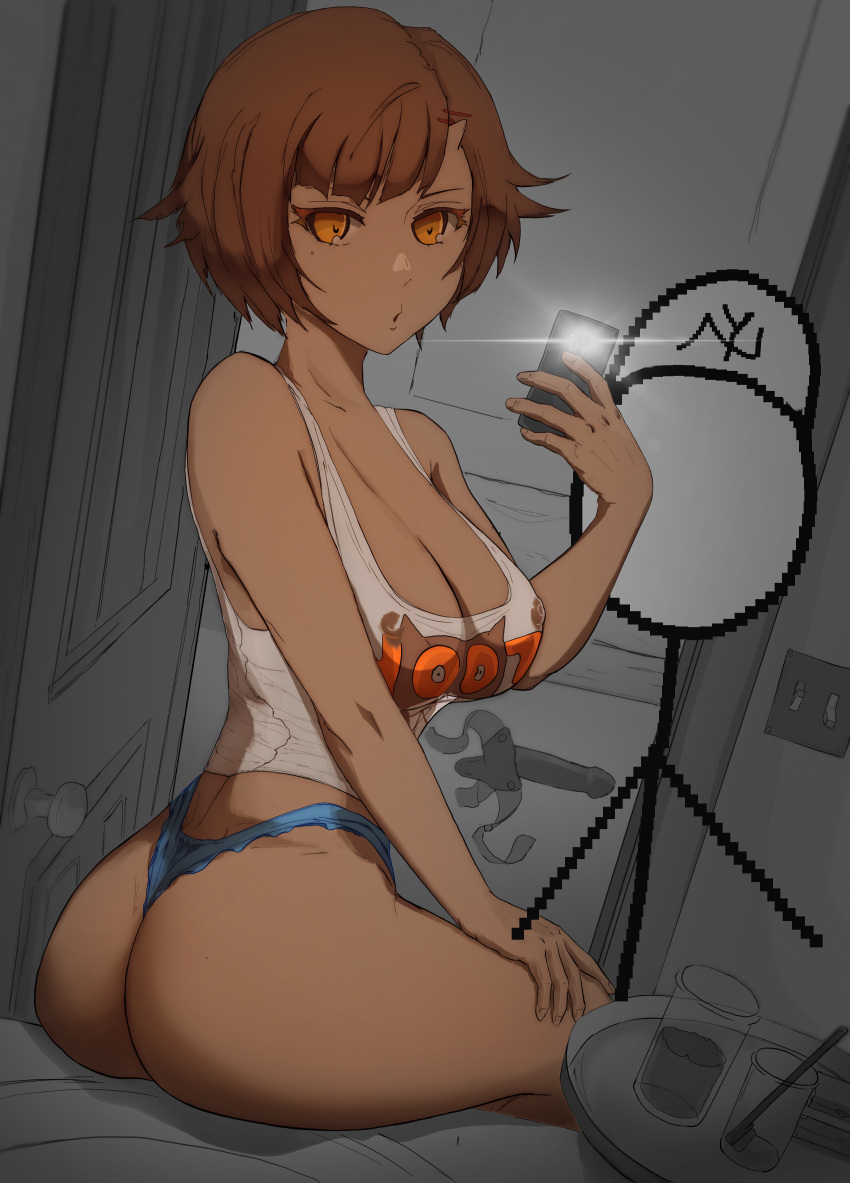 absurdres androssi_zahard ass bare_arms bare_shoulders blue_panties breasts brown_hair cleavage collarbone covered_nipples crop_top dark_skin english_text from_behind hand_on_own_thigh highleg highleg_panties highres hooters indoors large_breasts looking_at_viewer looking_back luslov mature_female meme no_bra orange_eyes panties product_placement puckered_lips selfie short_hair sitting tank_top thong tower_of_god underwear waitress