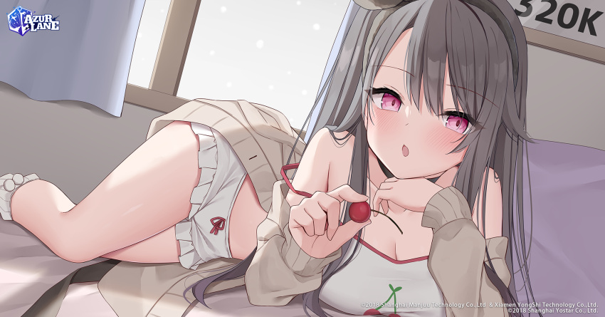 1girl azur_lane breasts brown_hair camisole cardigan cherry food frilled_shorts frills fruit grey_eyes grey_sweater hand_on_own_chin headband highres holding holding_food holding_fruit kamu_(geeenius) lying official_alternate_costume official_art on_bed on_stomach open_cardigan open_clothes oppai_loli pamiat_merkuria_(azur_lane) pamiat_merkuria_(sweet_cherry_memories)_(azur_lane) short_shorts shorts strap_slip sweater white_camisole