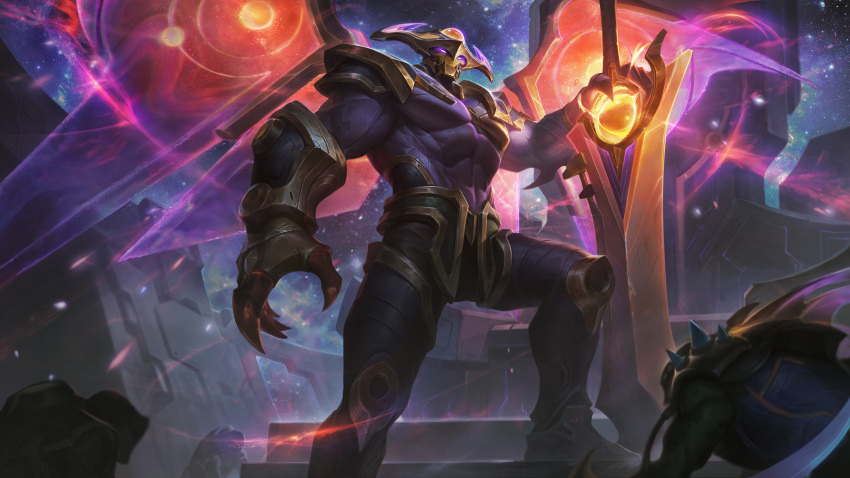 1boy aatrox abs alien alternate_costume biceps claws creature demon demon_boy fantasy gauntlets glowing glowing_eyes glowing_wings greatsword highres horns kha'zix large_pectorals league_of_legends looking_at_viewer male_focus mature_male muscular muscular_male odyssey odyssey_aatrox odyssey_kha'zix official_art omo0709 outdoors pants pectorals purple_eyes sky spacecraft star_(sky) starry_sky sword thick_arms weapon wings