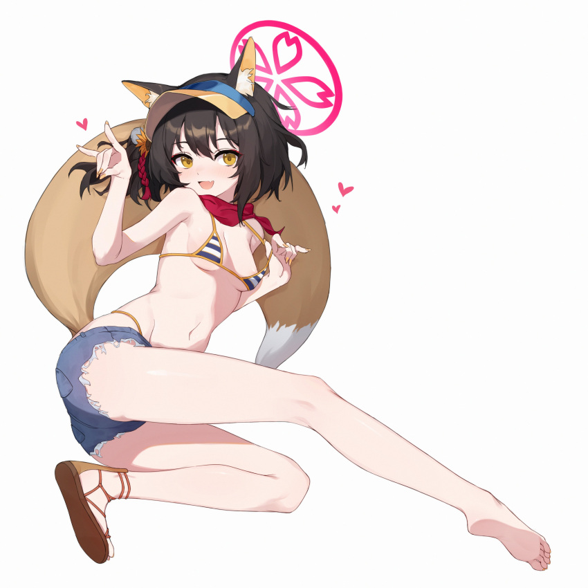 1girl absurdres animal_ear_fluff animal_ears bikini blue_archive brown_hair denim denim_shorts eyeshadow fox_ears fox_girl fox_shadow_puppet fox_tail full_body hair_ornament halo heart highres izuna_(blue_archive) makeup pink_eyeshadow pink_scarf pom_pom_(clothes) pom_pom_hair_ornament scarf shoes short_hair shorts single_shoe striped striped_bikini swimsuit tail visor_cap white_background yellow_eyes yume_(454565427)