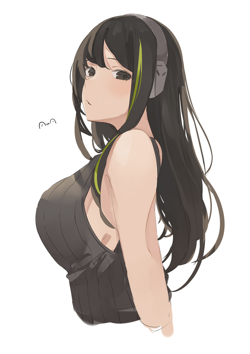 1girl artist_name bangs breasts brown_eyes brown_hair brown_sweater_vest closed_mouth cropped_torso from_side girls'_frontline headphones highres long_hair looking_at_viewer m4a1_(girls'_frontline) medium_breasts multicolored_hair profile sideboob solo streaked_hair sutekina_awa sweater_vest upper_body white_background