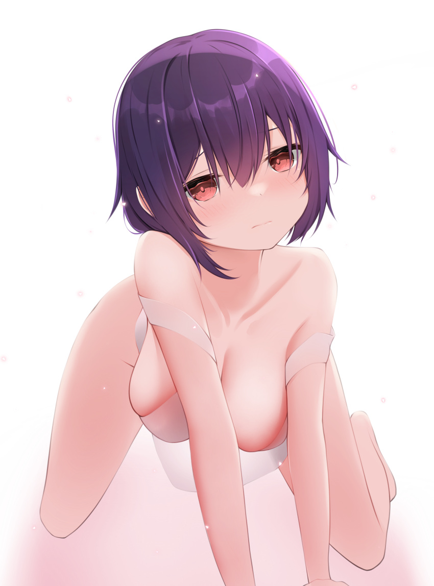 1girl absurdres all_fours aogiri_koukou_game_club bare_legs bare_shoulders barefoot breasts cleavage closed_mouth collarbone dai_okami_kohei dress hair_between_eyes hanging_breasts head_tilt highres jitome large_breasts looking_at_viewer medium_hair otodama_tamako purple_hair red_eyes simple_background solo virtual_youtuber