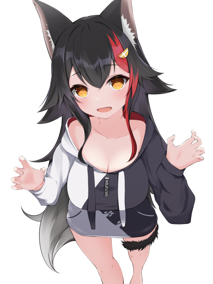 1girl absurdres animal_ear_fluff animal_ears black_hair breasts claw_pose cleavage collarbone dai_okami_kohei english_text fang feet_out_of_frame from_above hair_between_eyes hair_flaps hair_ornament hands_up highres hololive hood hoodie large_breasts long_hair long_sleeves looking_at_viewer multicolored_hair naked_hoodie ookami_mio open_mouth orange_eyes red_hair scoop_neck simple_background skin_fang solo streaked_hair tail thigh_strap two-tone_hoodie virtual_youtuber white_background wolf_ears wolf_girl wolf_tail