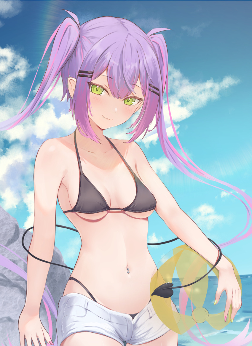 1girl ball bangs bare_shoulders beachball bikini black_bikini blue_sky blush breasts cleavage closed_mouth cloud collarbone day demon_tail ear_piercing earrings fang fue_(lars0713) green_eyes hair_ornament hairclip halter_top halterneck highres hololive jewelry long_hair looking_at_viewer medium_breasts multicolored_hair navel navel_piercing outdoors piercing pink_hair purple_nails short_shorts shorts sky smile solo standing swimsuit tail tokoyami_towa twintails virtual_youtuber water white_shorts yellow_nails