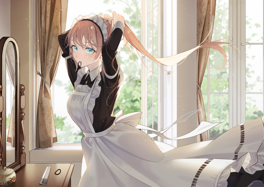 1girl absurdres adjusting_hair apron ayabu_sou bangs black_dress blush breasts comb commentary_request curtains day dress frilled_apron frills hair_tie hair_tie_in_mouth highres light_brown_hair long_hair long_sleeves looking_at_viewer maid maid_headdress mouth_hold open_window original solo vanity_table very_long_hair white_apron window