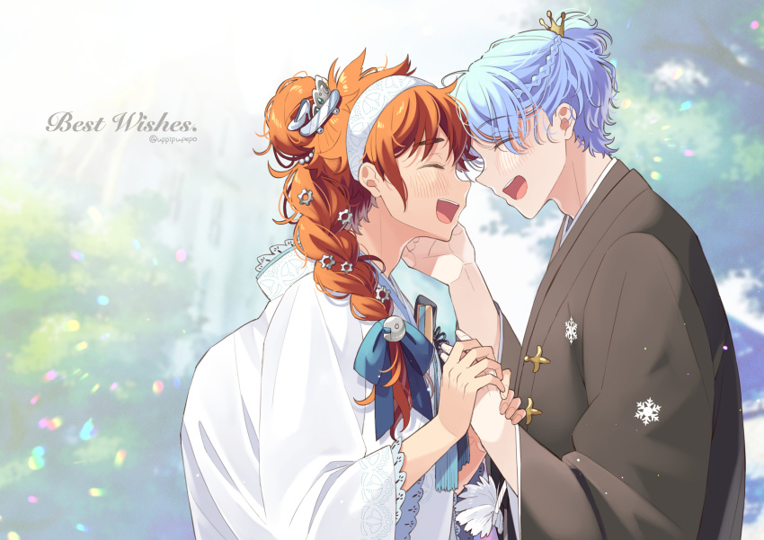 2boys blue_eyes blue_hair bow closed_eyes hair_between_eyes hair_ornament hasegawa_langa headband highres japanese_clothes kyan_reki long_hair male_focus multiple_boys open_mouth otoko_no_ko ponytail red_hair short_hair sk8_the_infinity smile uppi