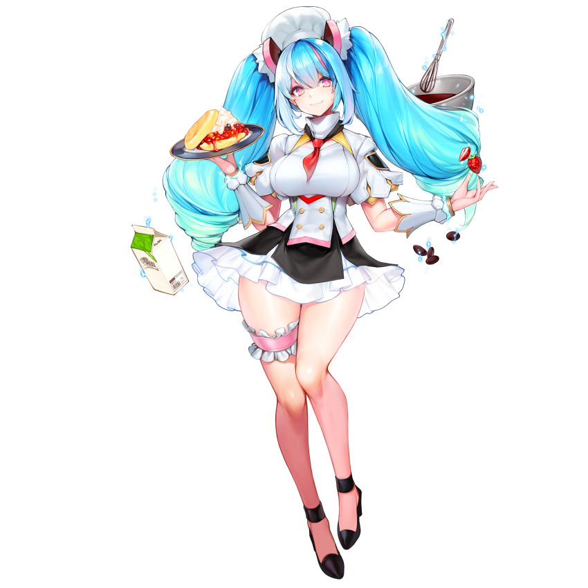 1girl :3 aurora_(last_origin) bangs blue_hair breasts chef chef_hat chocolate chocolate_making dress drill_hair food fruit full_body game_cg hair_between_eyes hat high_heels highres large_breasts last_origin long_hair looking_at_viewer milk_carton mixing_bowl necktie official_art patissier pink_eyes red_necktie short_dress short_necktie sidelocks smile snowball22 solo star-shaped_pupils star_(symbol) strawberry symbol-shaped_pupils tachi-e thigh_gap transparent_background twin_drills twintails whisk wide_hips