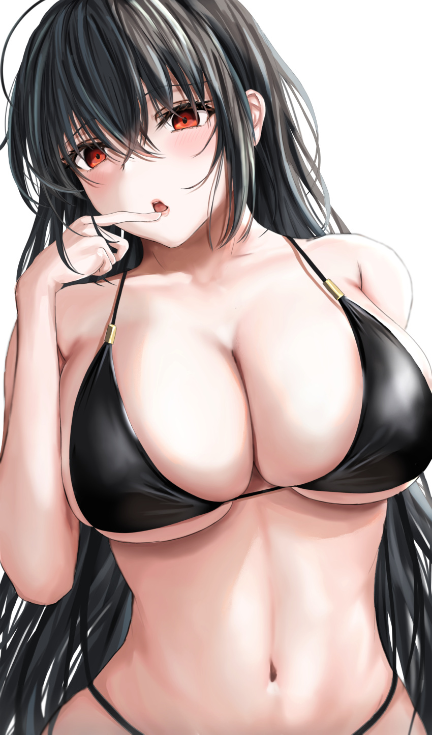 1girl absurdres azur_lane bikini black_bikini black_hair blush breasts cleavage collarbone finger_to_mouth highres large_breasts long_hair looking_at_viewer navel red_eyes sherlock_hime simple_background solo swimsuit taihou_(azur_lane) upper_body very_long_hair white_background