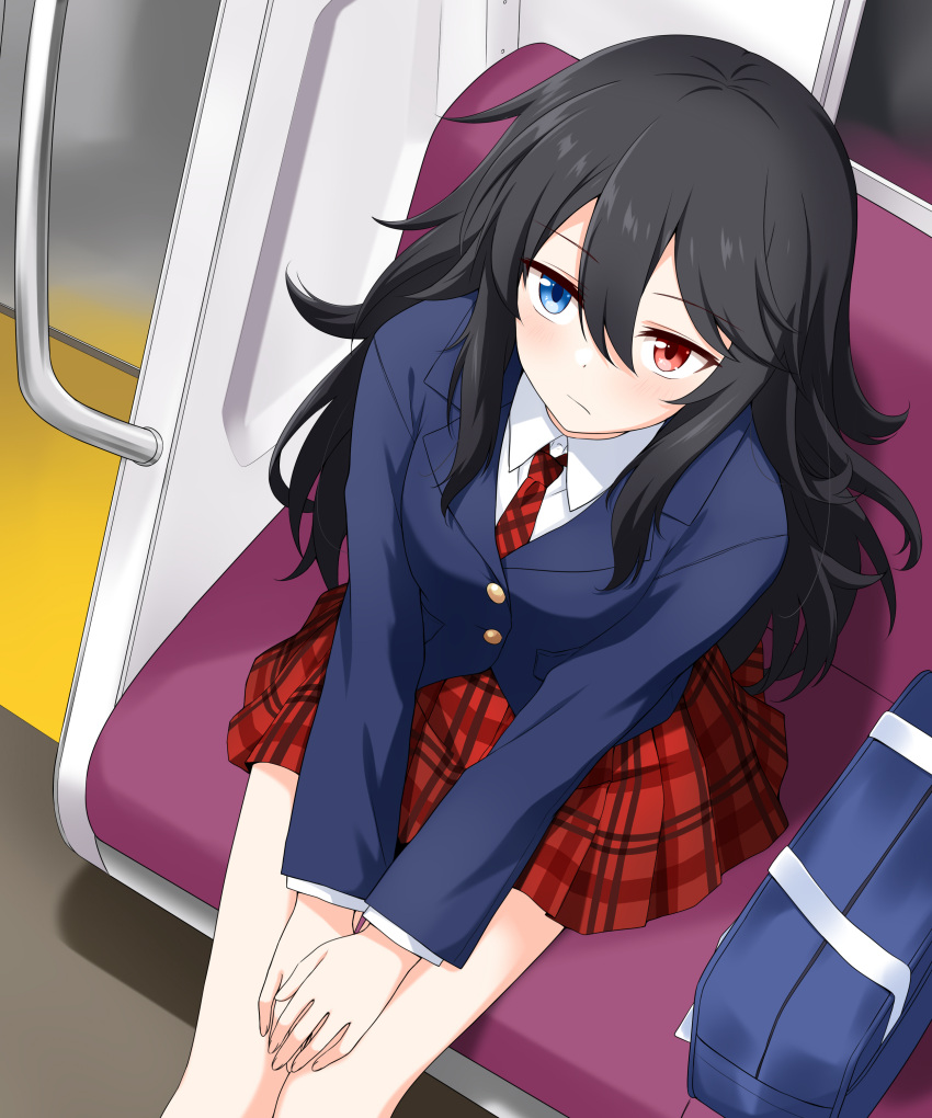 1girl absurdres bag bare_legs black_hair blazer blue_eyes blue_jacket bookbag breasts closed_mouth collared_shirt felutiahime from_above hair_between_eyes heterochromia highres jacket light_blush long_hair long_sleeves miniskirt necktie original plaid plaid_skirt red_eyes red_skirt school_uniform shirt sitting skirt solo train_interior v_arms white_shirt wing_collar