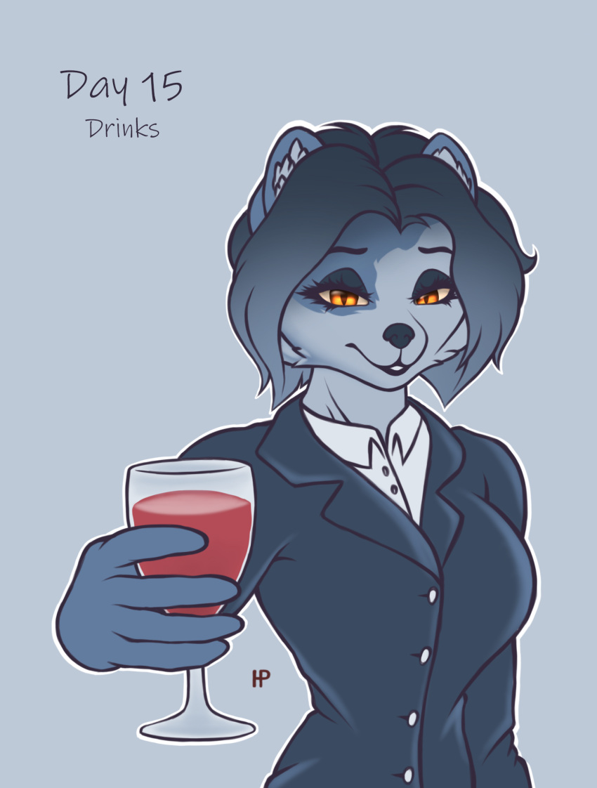 anthro arctic_fox canid canine clothing container cup drinking_glass female fox glass glass_container glass_cup hermitpioneer hi_res looking_at_viewer mammal may_hem smile solo wine_glass