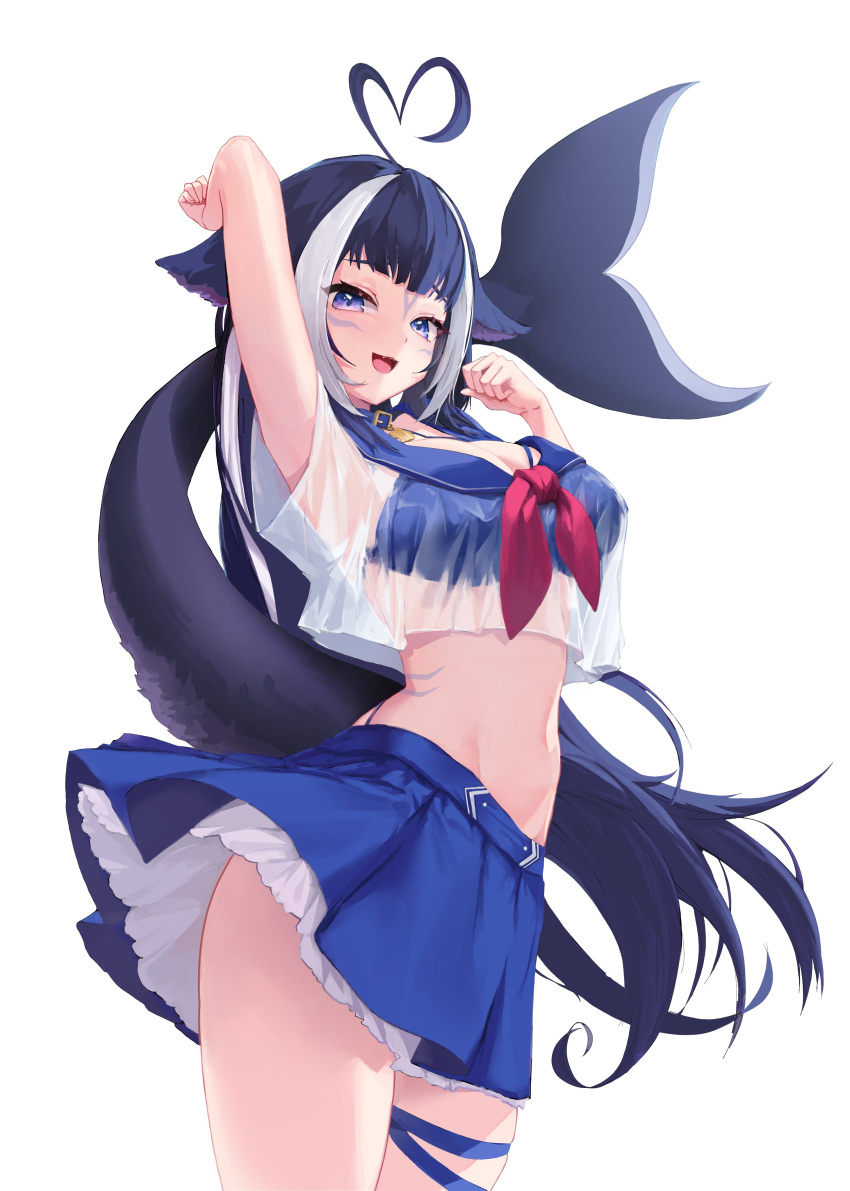 1girl absurdres ahoge animal_ears arm_up bikini blue_bikini blue_collar cetacean_tail clothing_cutout collar cowboy_shot crop_top doyo0723 facial_tattoo heart heart_ahoge highres indie_virtual_youtuber long_hair midriff_peek miniskirt multicolored_hair navel_cutout orca_girl purple_eyes see-through see-through_shirt shylily skirt streaked_hair swimsuit tattoo thigh_strap virtual_youtuber whale_girl