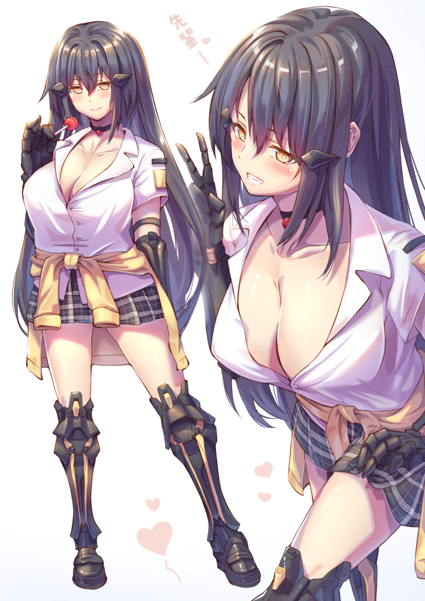 1girl alternate_costume arm_up bangs black_choker black_hair blush breasts candy cardigan cardigan_around_waist choker cleavage closed_mouth clothes_around_waist collarbone dandelion_(girls'_frontline) feet_out_of_frame food girls'_frontline hair_ornament hairclip highres holding holding_candy holding_food holding_lollipop leaning_forward lollipop long_hair looking_at_viewer mechanical_arms mechanical_legs medium_breasts open_mouth out_of_frame plaid plaid_skirt school_uniform shirt short_sleeves sidelocks simple_background skirt smile solo standing teeth_hold v white_shirt xlscaler yellow_cardigan yellow_eyes