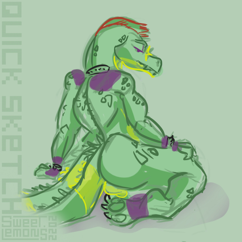 2022 alligator alligatorid anthro back_muscles balls bracelet butt claws crocodilian digital_drawing_(artwork) digital_media_(artwork) digital_painting_(artwork) feet five_nights_at_freddy's five_nights_at_freddy's:_security_breach genitals green_background green_body hair hand_on_leg hi_res jewelry kneeling long_tail looking_at_viewer male markings montgomery_gator_(fnaf) muscular reptile scalie scottgames shaded signature simple_background simple_coloring simple_eyes simple_shading sketch sketchy soles solo star_glasses sweet.lemons teeth thick_thighs toes video_games