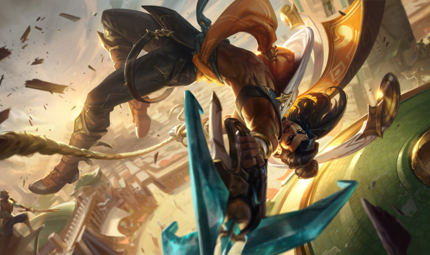1boy abs akshan_(league_of_legends) armpits beard black_hair boots brown_eyes cloud cloudy_sky dark-skinned_male dark_skin esben_lash_rasmussen facial_hair gun highres league_of_legends leather leather_belt leather_boots leather_pants long_hair looking_at_viewer male_focus manly mature_male muscular muscular_male no_shirt outdoors pants pectorals ponytail rope scarf sky smirk solo sun sunlight sunset town weapon wood