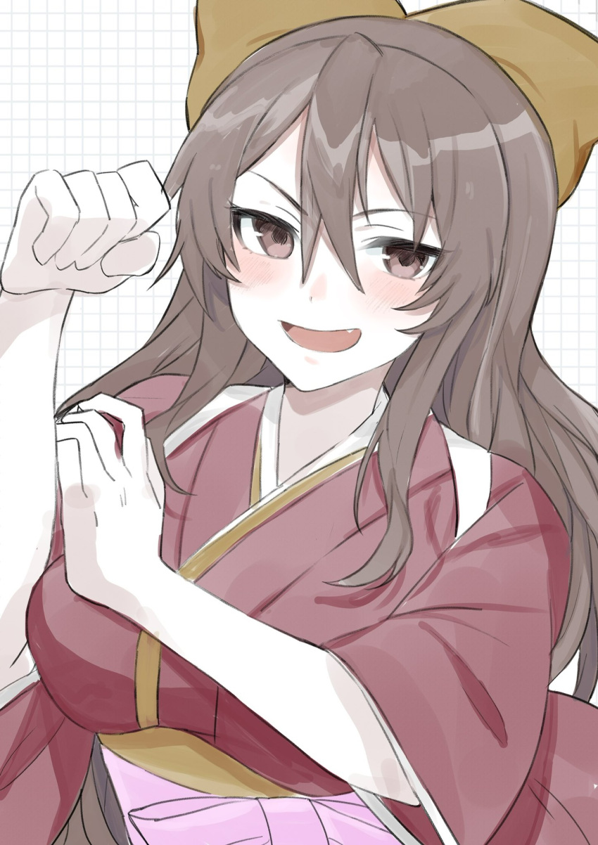 1girl ashigara_(kancolle) bangs blush bow bras_d'honneur breasts brown_eyes clenched_hand cosplay fang hair_between_eyes hair_bow hakama hand_on_own_arm highres japanese_clothes kamikaze_(kancolle) kamikaze_(kancolle)_(cosplay) kantai_collection kimono large_breasts long_hair long_sleeves looking_at_viewer meiji_schoolgirl_uniform open_mouth pink_hakama red_kimono simple_background solo toriniku_senshi_chikinman yellow_bow