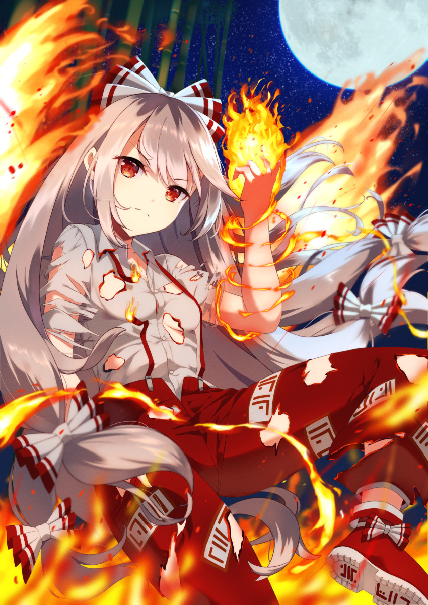 &gt;:( 1girl ambasa bamboo bangs bare_arms bow breasts closed_mouth collared_shirt fiery_wings fire footwear_bow fujiwara_no_mokou grey_hair grey_shirt hair_bow hand_in_pocket hand_up highres long_hair looking_at_viewer low-tied_long_hair moon night night_sky no_bra ofuda ofuda_on_clothes outdoors panties pants pocket pyrokinesis red_eyes red_footwear red_pants shiny shiny_hair shirt shoe_soles shoes short_sleeves sky small_breasts soles solo star_(sky) starry_sky suspenders torn_clothes torn_panties torn_shirt torn_sleeves touhou underwear v-shaped_eyebrows very_long_hair wing_collar wings