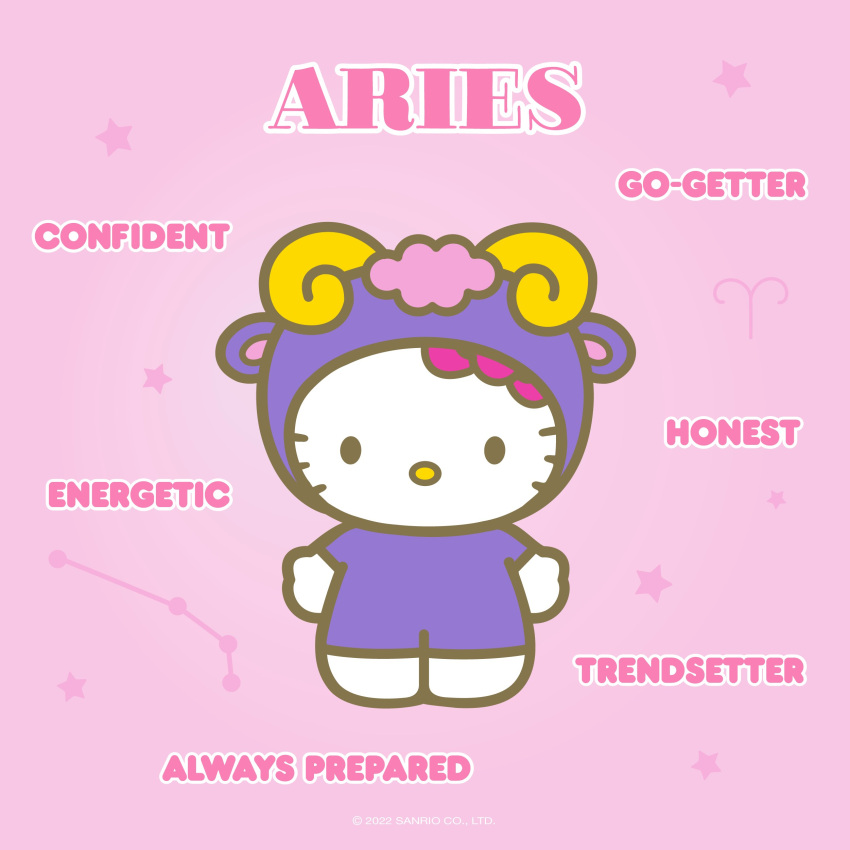 1:1 2022 absurd_res accessory anthro aries_(constellation) aries_(symbol) aries_(zodiac) black_eyes bovid bow_ribbon caprine clothing constellation cosplay costume domestic_cat dot_eyes english_text felid feline felis female fur hair hair_accessory hair_bow hair_ribbon hello_kitty_(character) hello_kitty_(series) hi_res horn looking_at_viewer mammal pink_background pink_hair ribbons sanrio sheep simple_background solo star_(shape) text unknown_artist western_zodiac whiskers white_body white_fur yellow_nose