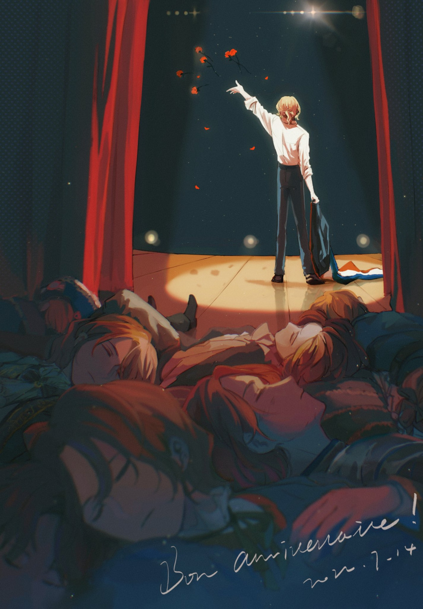 6+boys arm_up armor ascot axis_powers_hetalia black_pants blonde_hair blue_capelet capelet closed_eyes dated france_(hetalia) french_flag french_text highres long_sleeves loudun_ff lying multiple_boys multiple_persona pants petals red_curtains rose_petals shirt spotlight stage stage_lights symbolism time_paradox tunic unconscious white_shirt younger