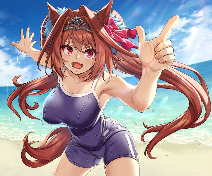 1girl :d animal_ears armpits bangs beach blue_sky blue_swimsuit breasts cloud cloudy_sky crown daiwa_scarlet_(umamusume) horse_ears horse_girl horse_tail large_breasts long_hair looking_at_viewer one-piece_swimsuit open_mouth orange_hair outdoors pink_eyes sand school_uniform sky smile solo swimsuit tail twintails umamusume uousa-ou water wet