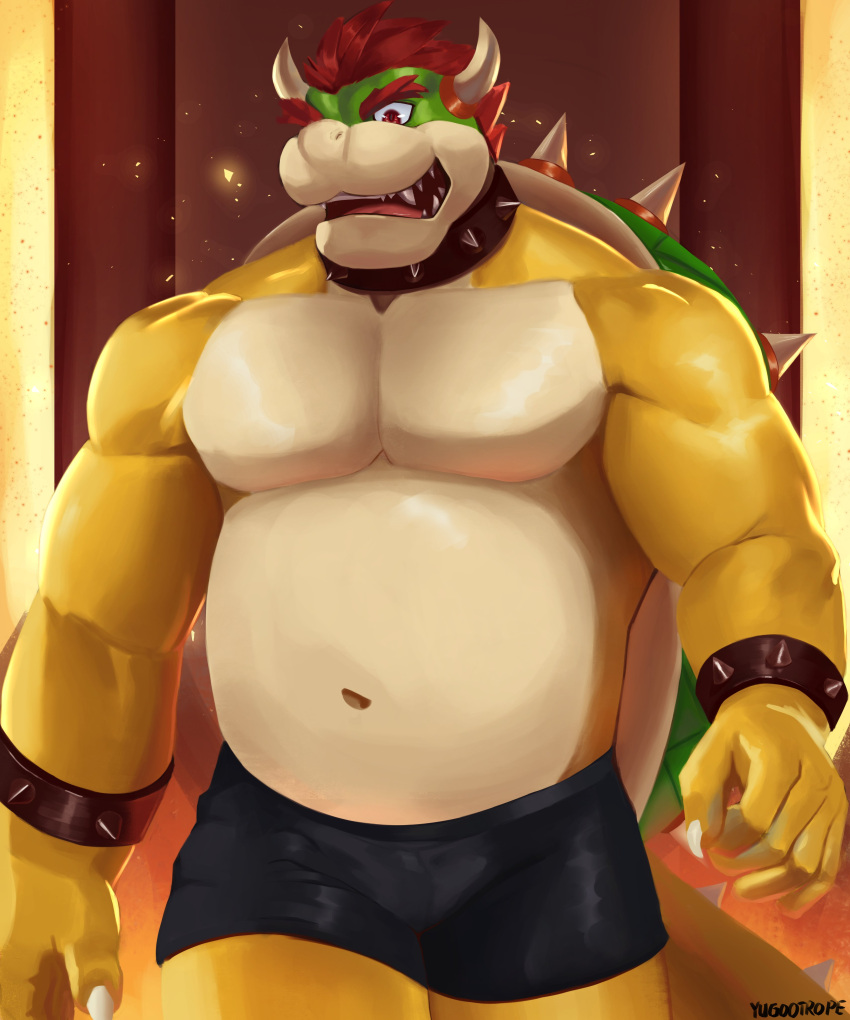 5_fingers absurd_res anthro belly biceps bottomwear bowser bowser_day bracelet claws clothing collar fingers fire green_face hair hi_res horn jewelry koopa male mario_bros nintendo open_mouth pecs red_eyes red_hair scalie sharp_claws sharp_teeth shell simple_background slightly_chubby solo spiked_bracelet spiked_collar spiked_shell spiked_wristband spikes spikes_(anatomy) teeth underwear video_games watermark wristband yellow_body yellow_skin yugootrope